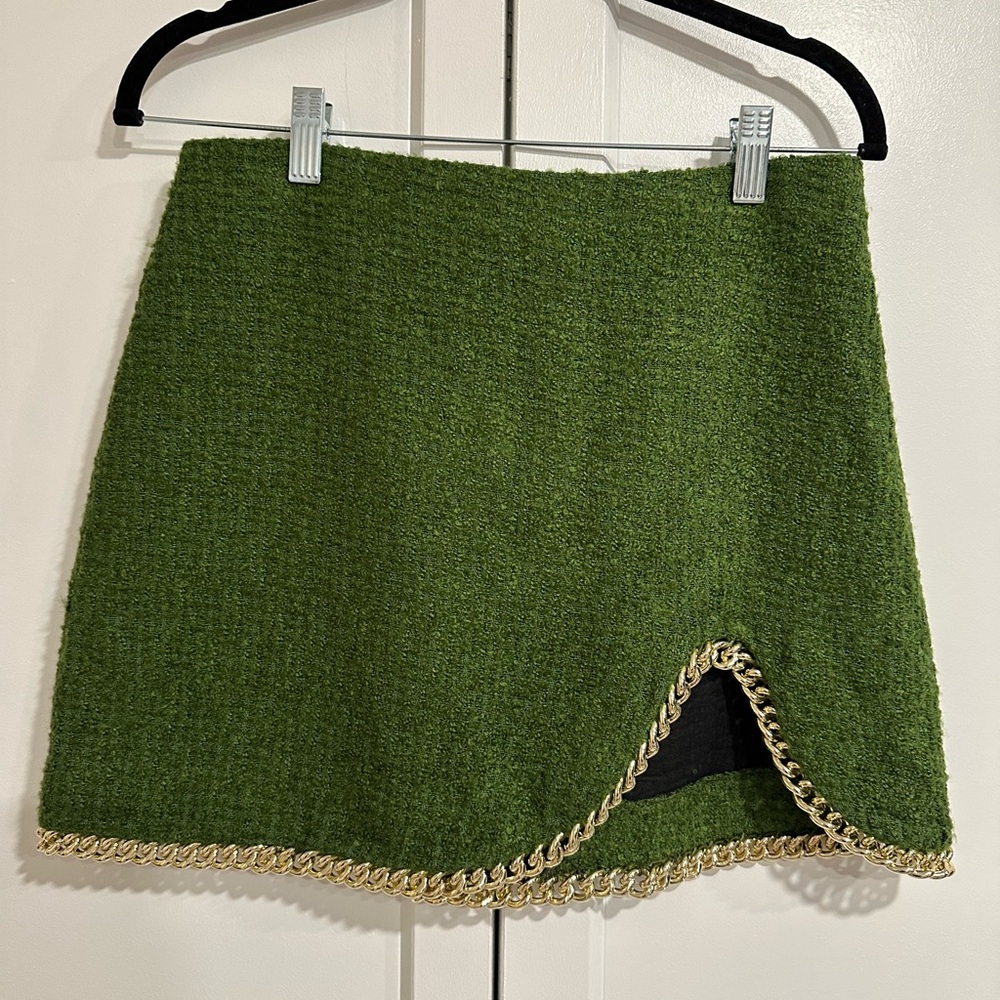 Zara Green Tweed Skirt with Gold Trim Size M